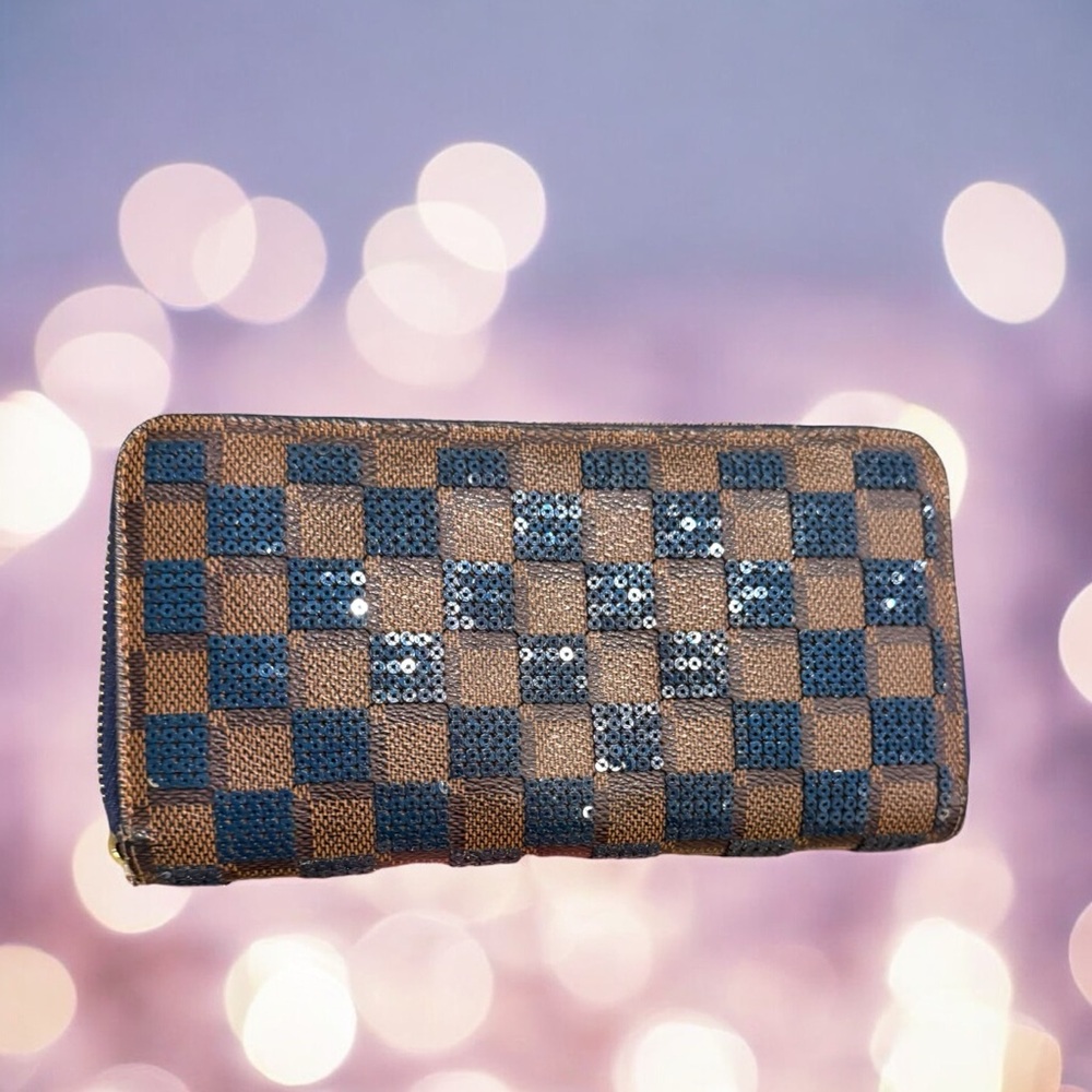 LOUIS VUITTON Damier Ebene Sequin Paillettes Zippy Wallet Blue - Limited Edition